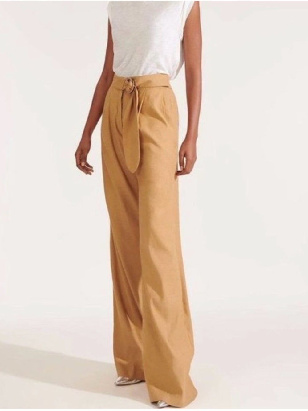 VERONICA BEARD Woode Wide Leg Belted Linen Pants High-Waist Trousers Camel Tan